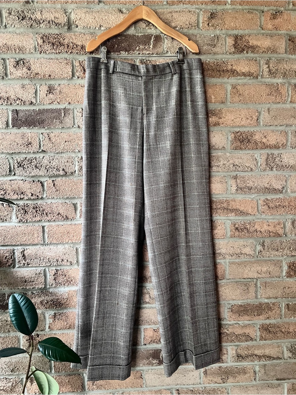 Wool Plaid Glen Check Tailored Wide Leg Trousers Cuffed Hem Quiet Luxury